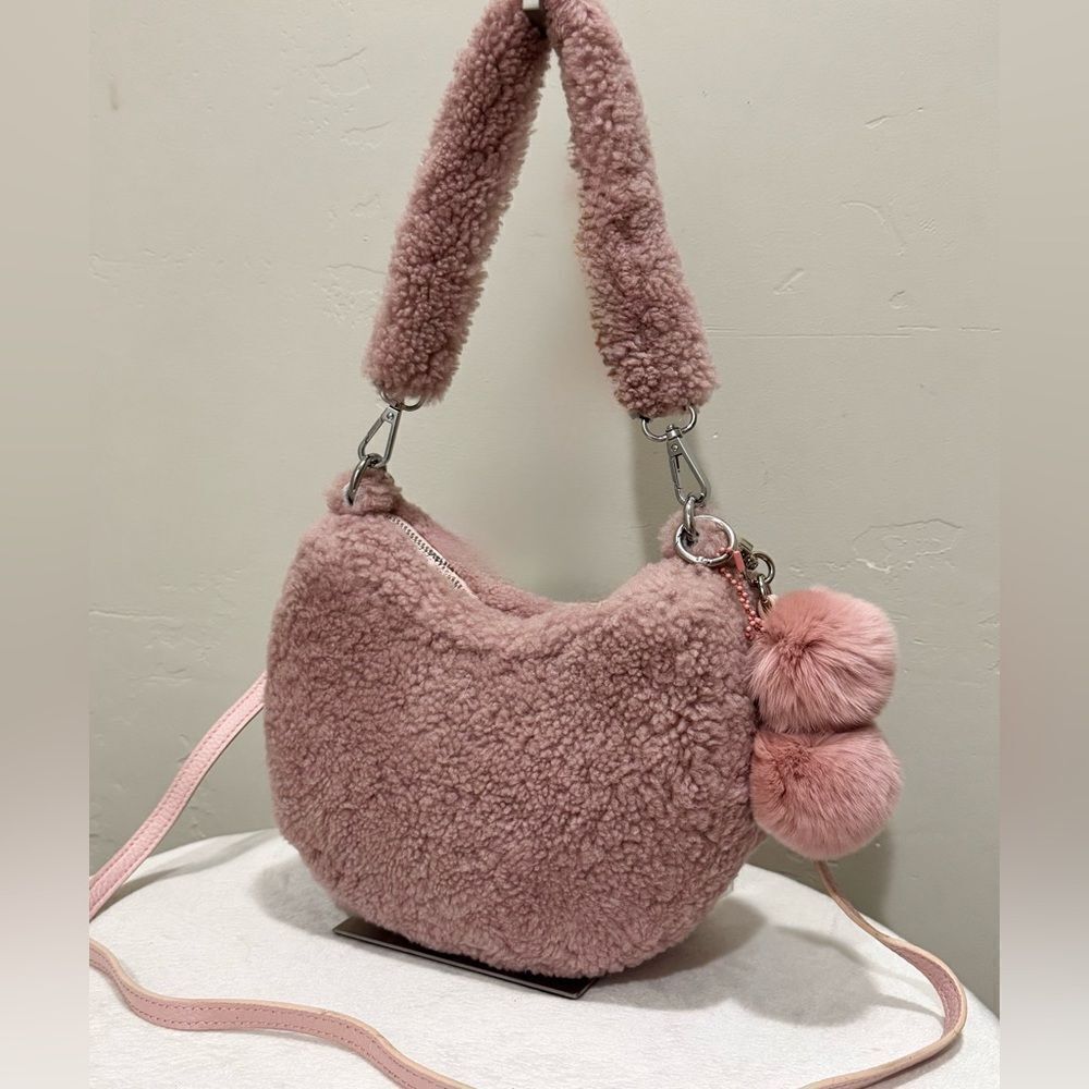 Dusty Rose Real Shearling Leather Half Moon Handbag with 2 Straps & Fur Charm